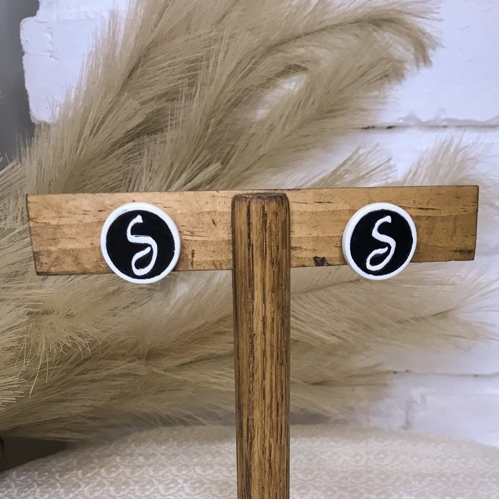 Vintage Enamel Coated Ceramic Initial S Screw-On Earrings